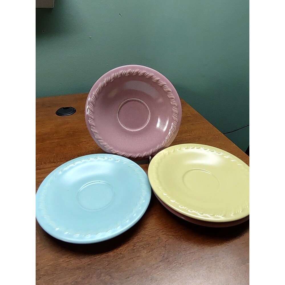4 Vintage Metlox Pottery Mission Bell Pastel Saucers California Yellow Mauve 6"